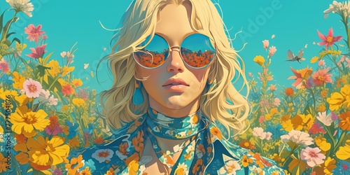 A blonde woman with colorful sunglasses and headscarf surrounded by flowers  psychedelic fashion