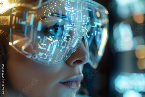 Futuristic Woman Wearing Advanced Technology Augmented Reality Headset Interface