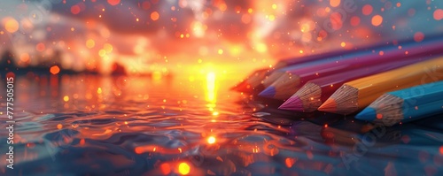 Enchanted Pencils, Magic, Manifestation of Thoughts and Sketches, Creative Workshop, Sunset, 3D Render, Backlights, Depth of Field Bokeh Effect