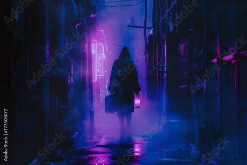 The outline of a mysterious figure holding a lantern, walking through a dark, neonlit, futuristic alley