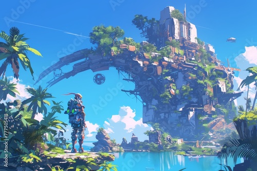 A character in the foreground stands on an island with lush vegetation, surrounded by gears and mechanical structures