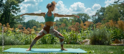 Summer Equinox Yoga Vitality: Woman in warrior pose on green mat against lush summer greenery backdrop
