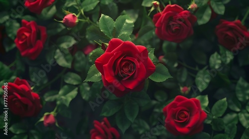 a visually striking AI-generated wallpaper with a top view of a red rose flower wall background, exuding freshness and natural allure attractive look © Noman