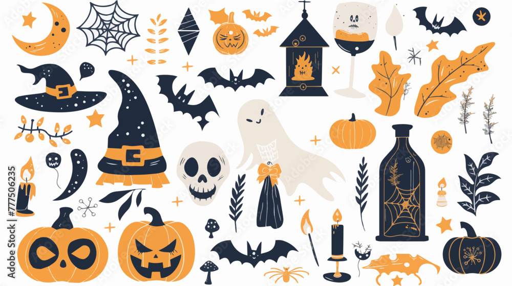 Hand drawn abstract Halloween items, gifts, ornaments, celebration flat icons set. Color isolated illustrations. Colourful. 