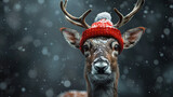 Cheerful and funny Christmas reindeer in red cap, generative Ai