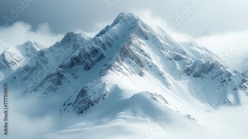  A towering mountain, blanketed in snow, under overcast skies during a foggy, cloud-filled day