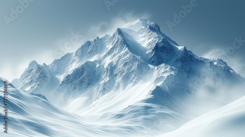   A mountain range, blanketed in snow, presents a backdrop of azure sky Scattered clouds populate the foreground