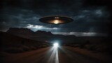 Mysterious UFO sighting over a deserted road at night. Dark sky, eerie atmosphere. Conceptual alien visit. Sci-fi scene representation. AI
