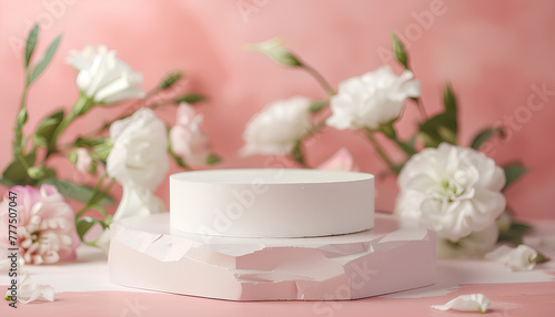 Wallpaper Mural Composition with plaster podium and beautiful eustoma flowers on pink background Torontodigital.ca