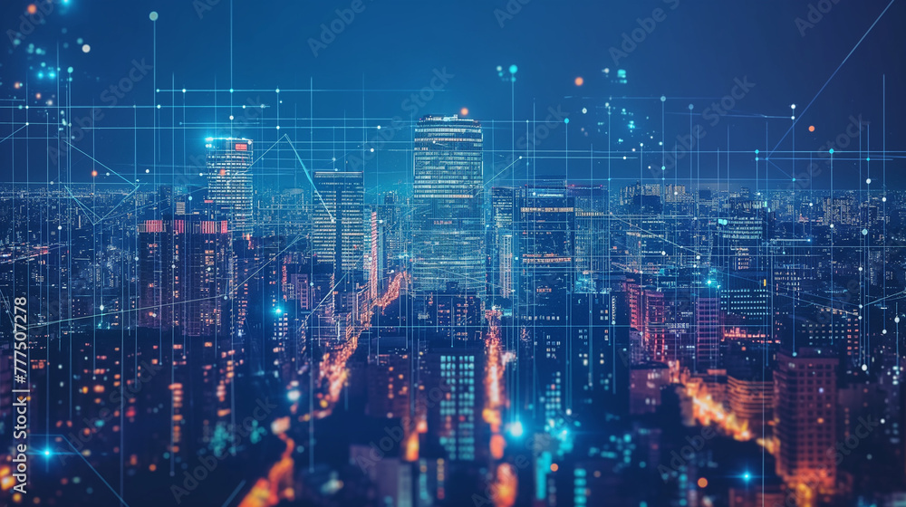 Modern cityscape and communication network concept. Telecommunication.