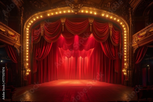  A red stage featuring a red curtain and a red light in its center is this stage's configuration