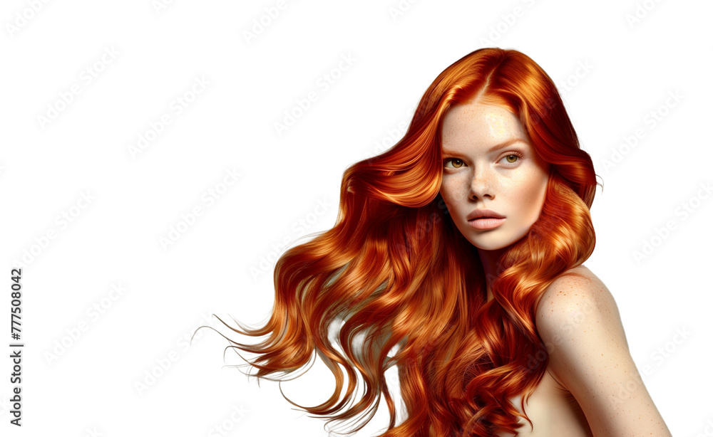 woman with long red hair, sleek and shiny curls in an elegant hairstyle, posing on a white background