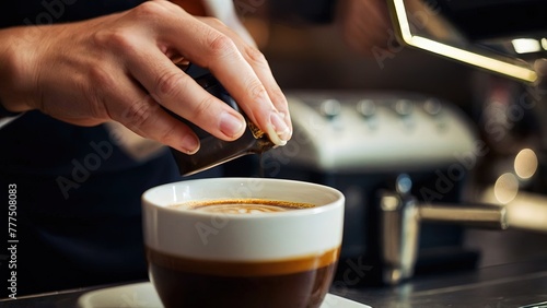 Photo of a Barista Making and Blending Coffee with a Modern and Aesthetic Cafe Background