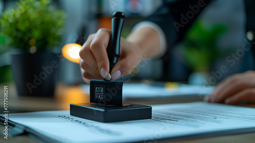 Close-up of a person's hand stamping with approved, Notary public in office stamping document, Businessman stamping with approved stamp on document at meeting, Generative Ai