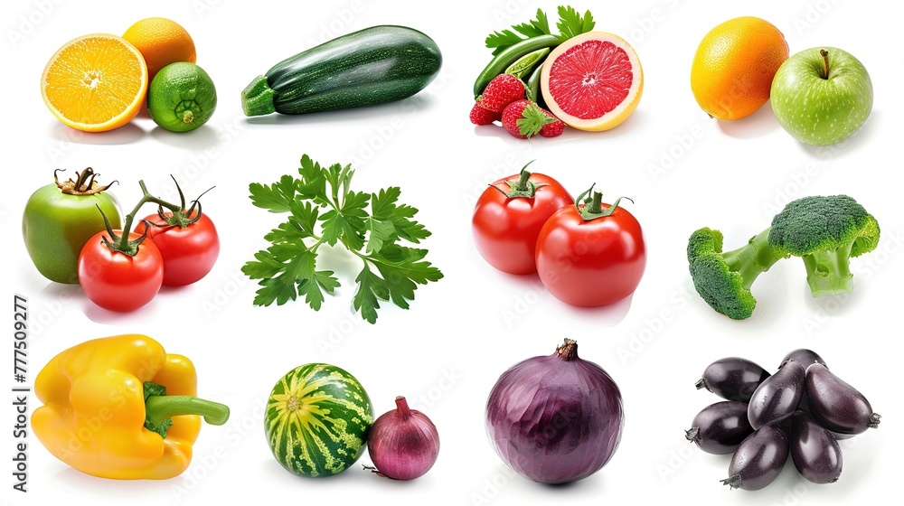 collection fruits and vegetables isolated on a white background collection fruits and vegetables isolated on a white background