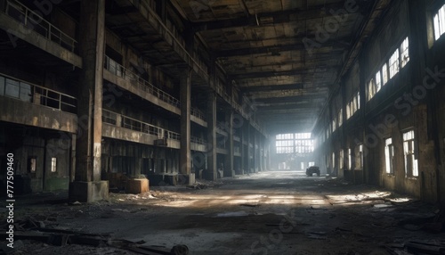 Light streams through large windows in an abandoned industrial hall  highlighting the desolation and the passage of time. AI Generation