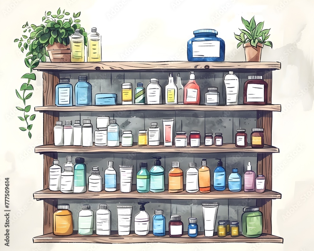 Shelves of Health Wellness and Care Essentials in a Pharmacy Store Interior