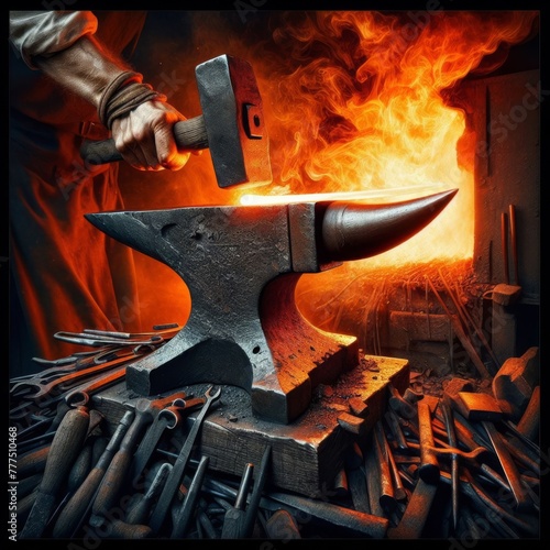 Iron anvil lit by red hot furness coals, with hammer and tools
 photo