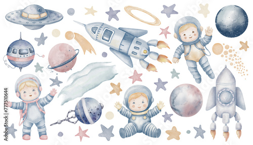 Space watercolor set. Illustrations with cosmos, planets, cosmonauts and spaceship for Baby shower greeting cards or childish birthday invitations in pastel blue and pink colors. Cute design for kids.