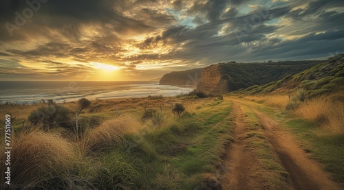   A dirt path along a hillside overlooks a body of water at sunset photo