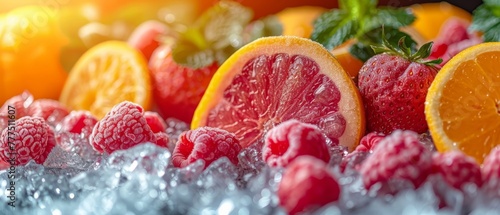  A bowl holds oranges, raspberries, and lemons over ice and water