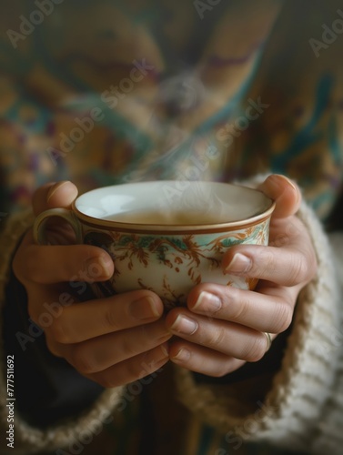 closeup of a steaming cup of herbal tea cradled in hands, a quiet act of selfcare, against a soft backdrop