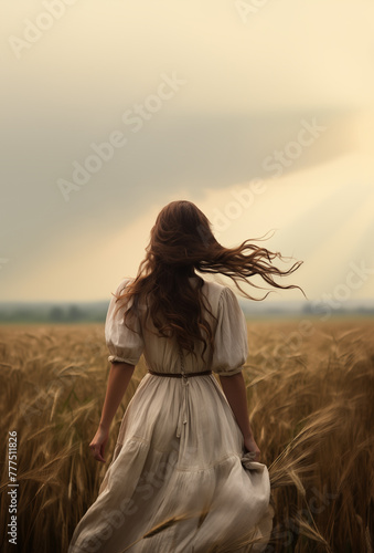Historical representation of a pretty young pioneer mennonite woman with long brown hair and white dress. Back view. Vibrant cinematic field background. Old west, wild west. Hair blowing in wind photo