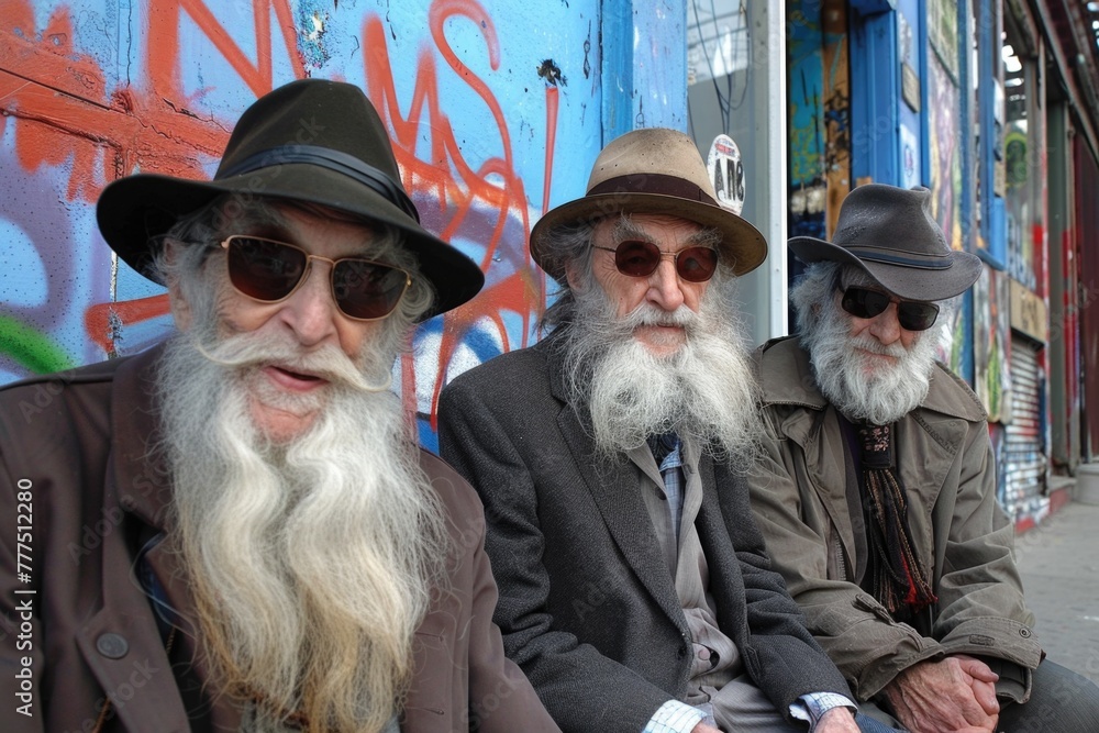 Three men with long beards and hats sitting on a bench