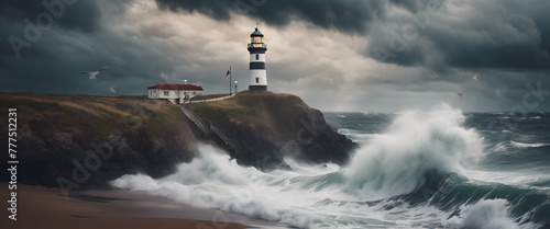 The lighthouse on the rocky shore, waves crashing against it, stormy sky with dark clouds and rain, rendered in a photorealistic, cinematic style.