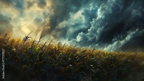 a visually striking scene featuring a corn field set against a turbulent, stormy sky, focusing on the dynamic interaction between the crops and the atmospheric conditions attractive look