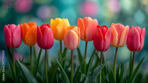   A row of multicolored tulips faces a blue-green background