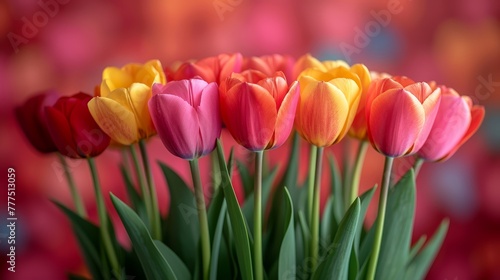  A vase filled with multicolored tulips against a backdrop of red, yellow, pink, and blue