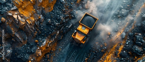 Aerial Perspective of Open-pit Coal Mining Operation with Truck Transporting Coal. Concept Coal Mines, Open-pit Mining, Aerial Photography, Heavy Machinery, Transportation