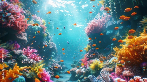 A colorful coral reef with many fish swimming through it. The fish are orange and yellow, and the water is clear and blue. The scene is peaceful and serene