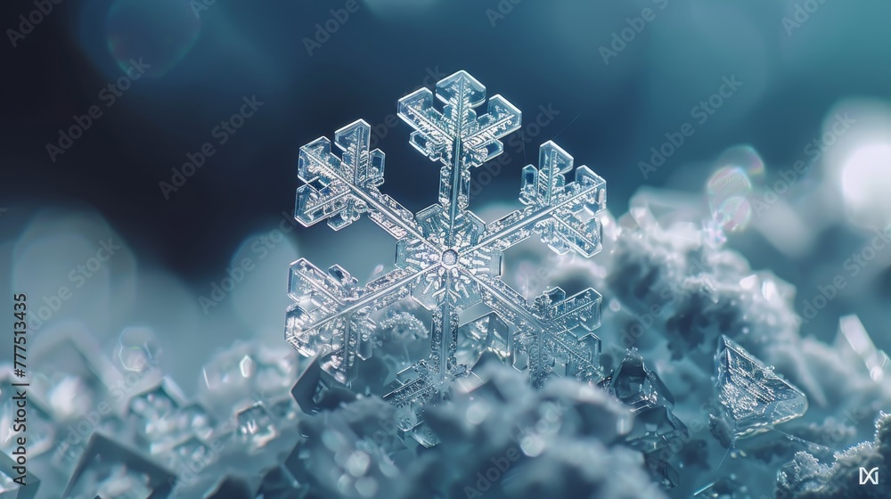 A snowflake is on top of a pile of snow. The snowflake is very small and has a lot of detail. The image has a peaceful and serene mood, as it captures the beauty of a snowflake in its natural form A snowflake is on top of a pile of snow. The snowflake is very small and has a lot of detail. The image has a peaceful and serene mood, as it captures the beauty of a snowflake in its natural form