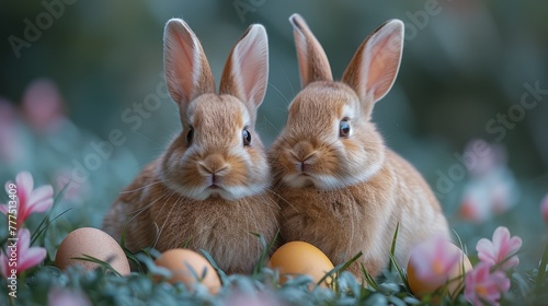  Two rabbits seated side by side atop a verdant grassy expanse, with eggs before them
