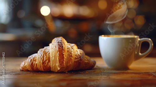 A classic French croissant freshly baked to perfection, with golden flaky layers and a buttery aroma that melts in your mouth with every bite,  photo
