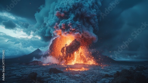 A volcano erupts with a huge plume of smoke and ash. The sky is dark and cloudy  and the ground is covered in ash and debris. The scene is intense and dramatic  with the volcano spewing lava