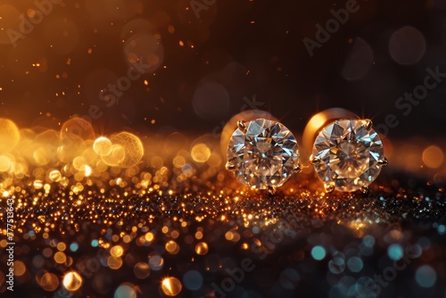 A pair of diamond studs atop a glittering surface against a backdrop of soft bokeh light