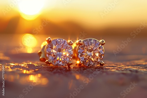  A pair of diamonds earrings atop a sunlit sandy beach – sun penetrating clouded background