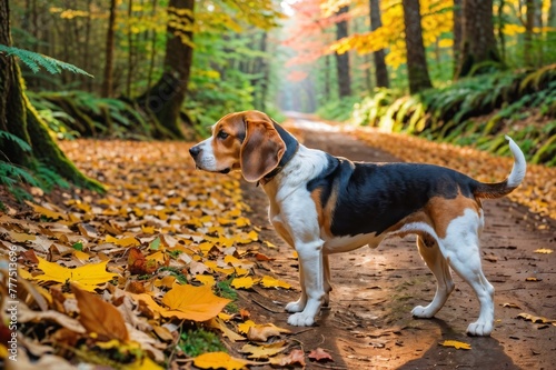 A Beagle sniffing autumn leaves on a forest trail, capturing the essence of exploration © fourtakig