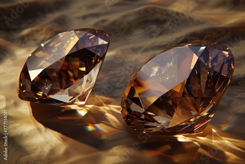   A few brown diamonds rest atop a sandy ground  bathed in sunlight filtering through from above
