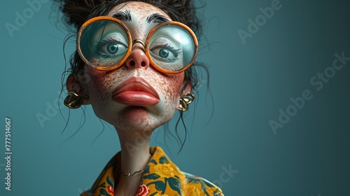A woman with glasses and a nose that looks like it is bleeding, AI