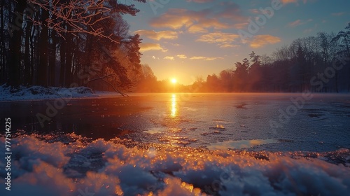 A beautiful sunset over a frozen lake. The sky is filled with orange and pink hues, creating a serene and peaceful atmosphere. The water is calm and still, reflecting the colors of the sky