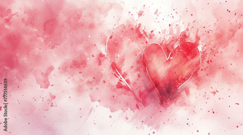   Watercolor heart on white backdrop, left side boasts a pink-red paint splatter