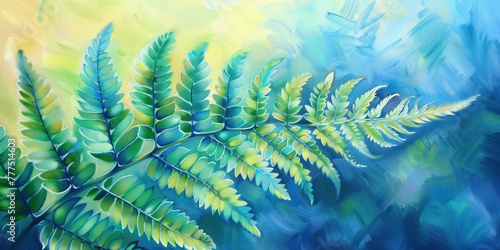 Green fern leaf painting on blue and yellow background with delicate texture and vibrant colors, nature inspired artwork concept