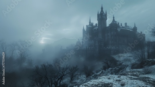 A castle is shown in a foggy, misty atmosphere. The castle is surrounded by trees and he is abandoned. The sky is cloudy and the sun is setting, creating a moody and eerie atmosphere