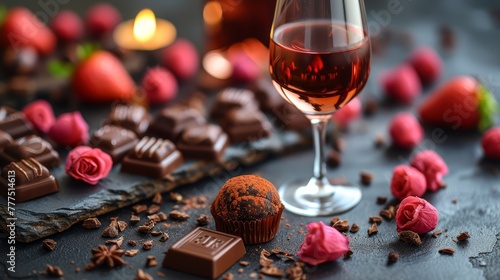   A glass of wine and a chocolate bar, with a few pieces atop the table