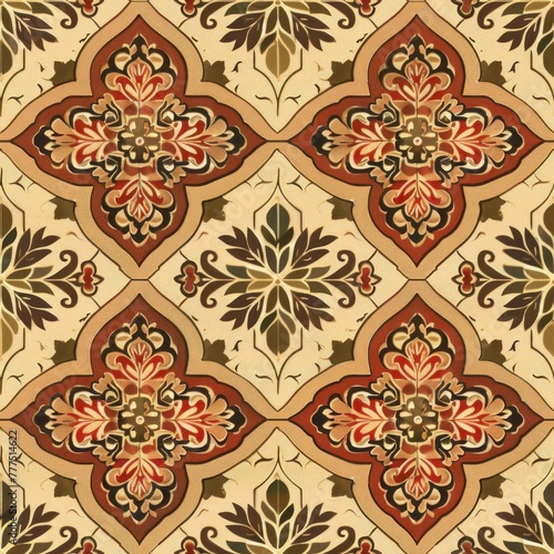 Exquisite tile-inspired motif featuring rich floral patterns in earthy tones