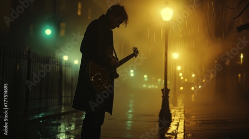 A man is playing a guitar in the rain. The scene is set in a city at night, with streetlights illuminating the area. The man is standing under a street light, and the rain is falling around him